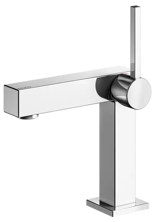 Eckige, moderne Armatur in glänzendem Chrom mit einem flachen Auslauf und einem seitlichen Hebel zur Steuerung von Wasserfluss und Temperatur.